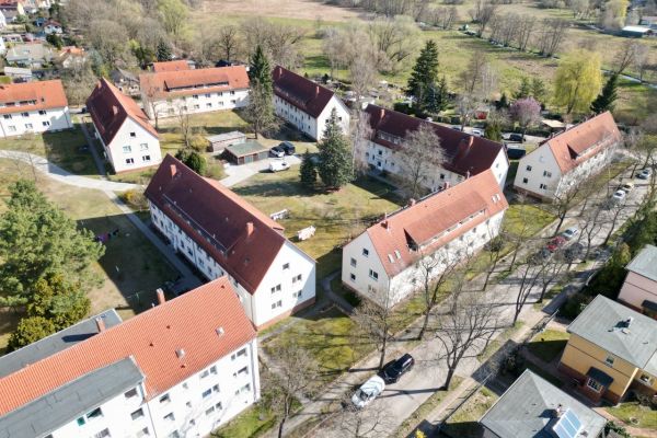 Drohnenaufnahme mit Straße und Bäumen